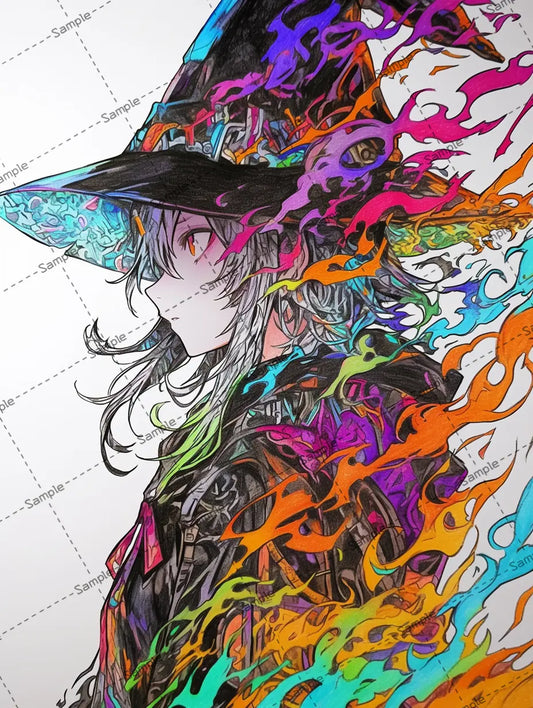 カラフルな炎に囲まれた魔女のイラスト-アイコン AI イラスト