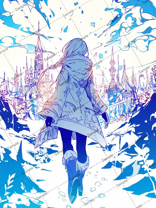 雪国を旅する女の子の後ろ姿イラスト-アイコン AI イラスト