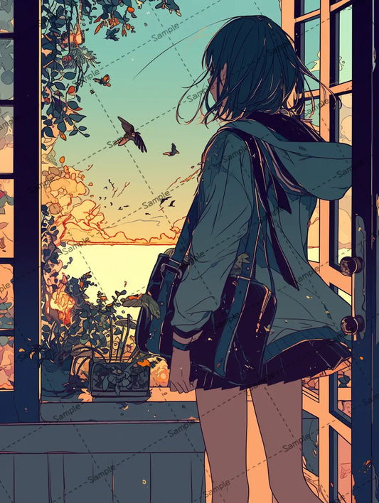 海を眺めながら立っているアニメの女子高生の後ろ姿イラスト-アイコン AI イラスト