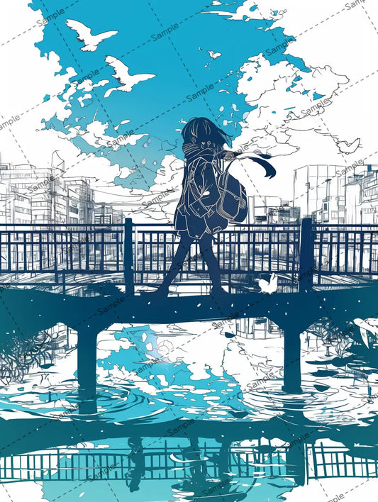 小さな橋の上を歩いている女の子のシルエットのイラスト-アイコン AI イラスト