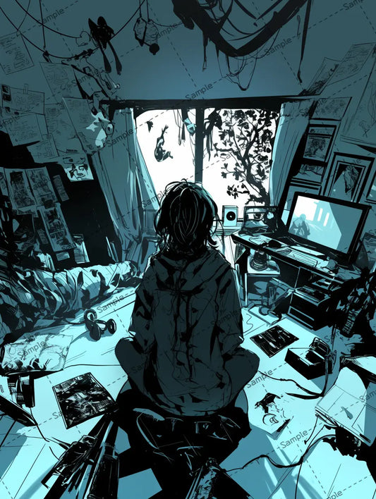 散らかった部屋にいる男の後ろ姿イラスト-アイコン AI イラスト