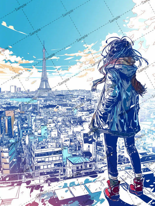 大都会を眺める女の子の後ろ姿イラスト AI イラスト