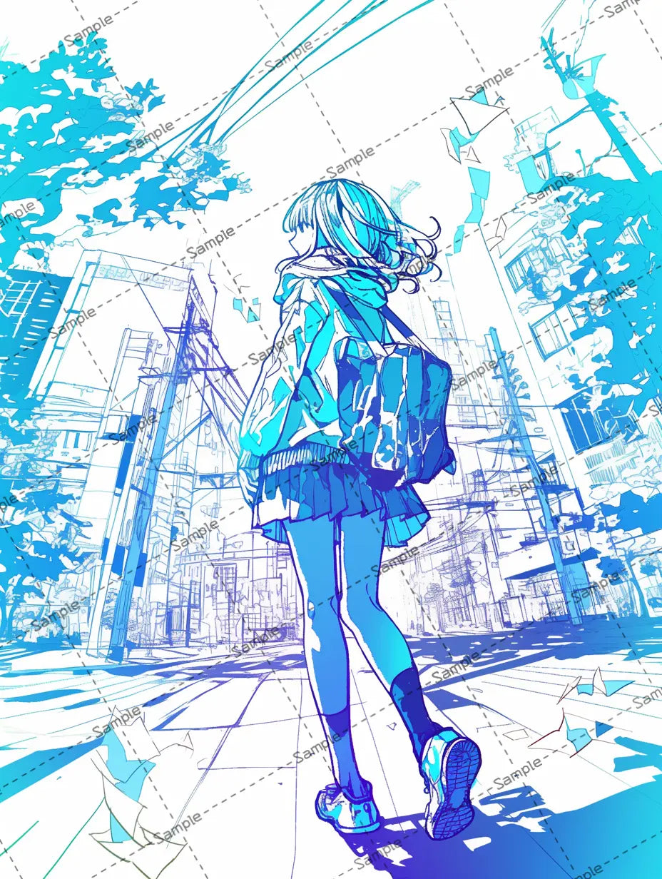 都会を探索する女の子の後ろ姿のオシャレなイラスト AI イラスト