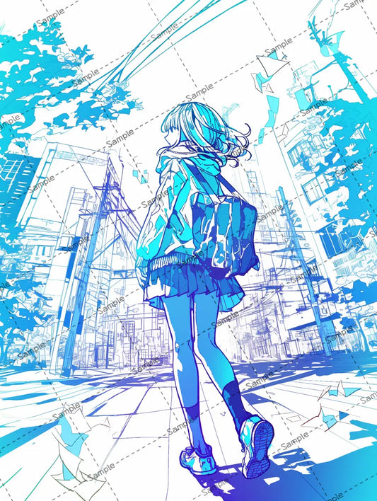 都会を探索する女の子の後ろ姿のオシャレなイラスト AI イラスト