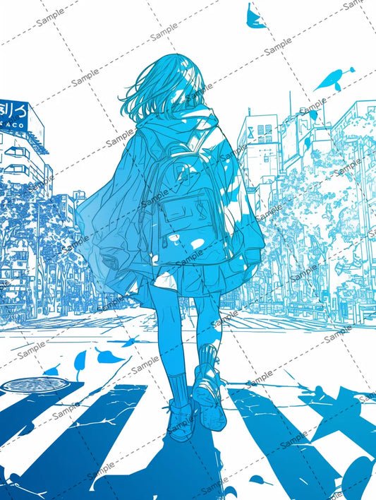 街中を歩く女の子の後ろ姿のオシャレなイラスト AI イラスト