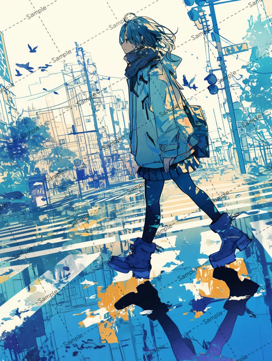 横断歩道を歩いている女の子のオシャレなイラスト AI イラスト