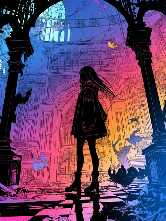 教会の中にいる女の子のシルエットのイラスト-アイコン AI イラスト