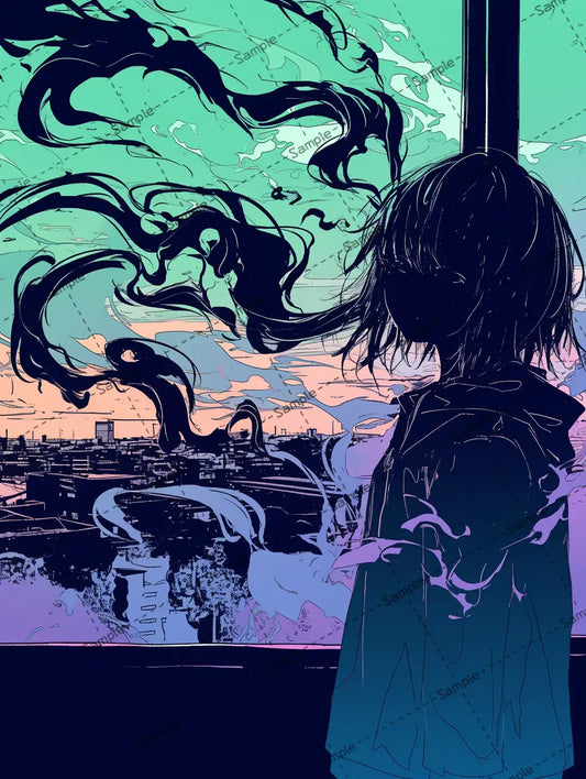 カオスで陰鬱な雰囲気を放つ女の子の影イラスト-アイコン AI イラスト