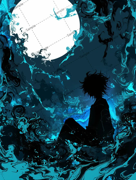 満月を見る幻想的な煙に囲まれた男の子のイラスト-アイコン AI イラスト