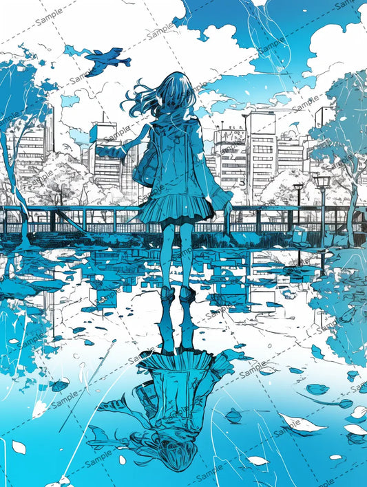 水で反射している女の子の後ろ姿イラスト AI イラスト