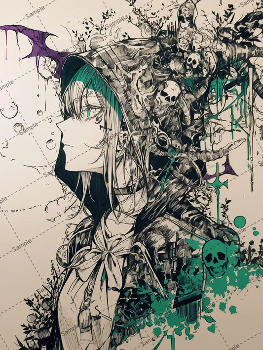 ドクロと植物に囲まれた女の子のイラスト-アイコン AI イラスト