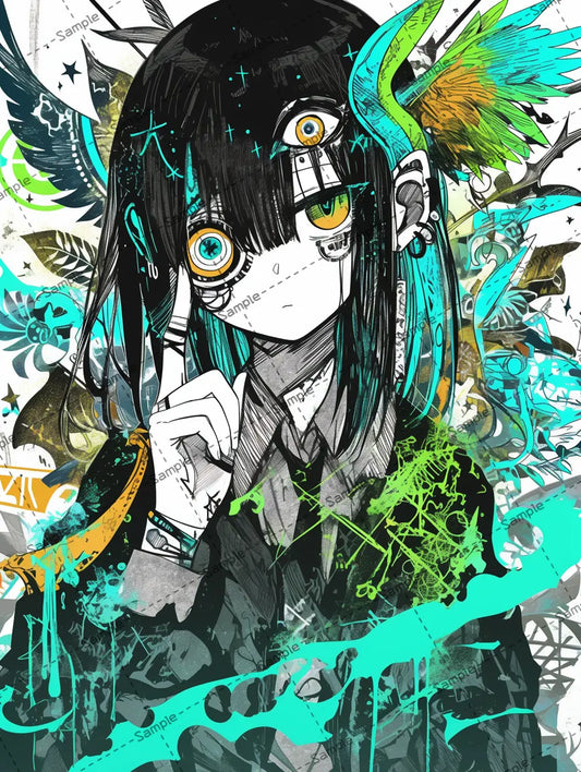 鳥の羽に囲まれた女の子のイラスト-アイコン AI イラスト