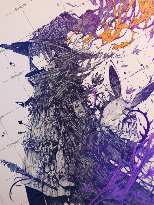 コートを羽織った魔女としがみつくウサギのイラスト-アイコン AI イラスト