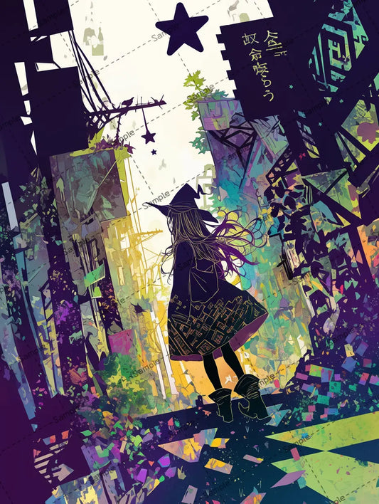 ファンタジー世界を歩く女の後ろ姿のイラスト AI イラスト
