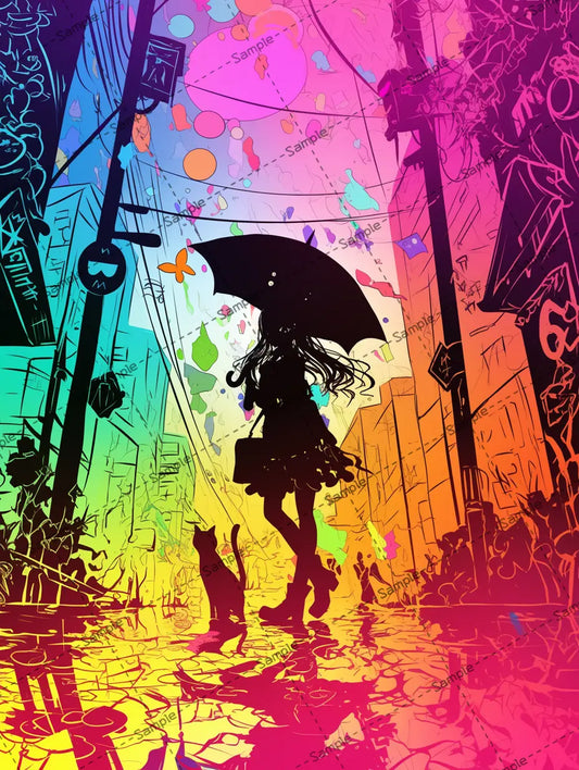 ネオン色の街並みを歩く女の子と猫のシルエットのイラスト-アイコン AI イラスト