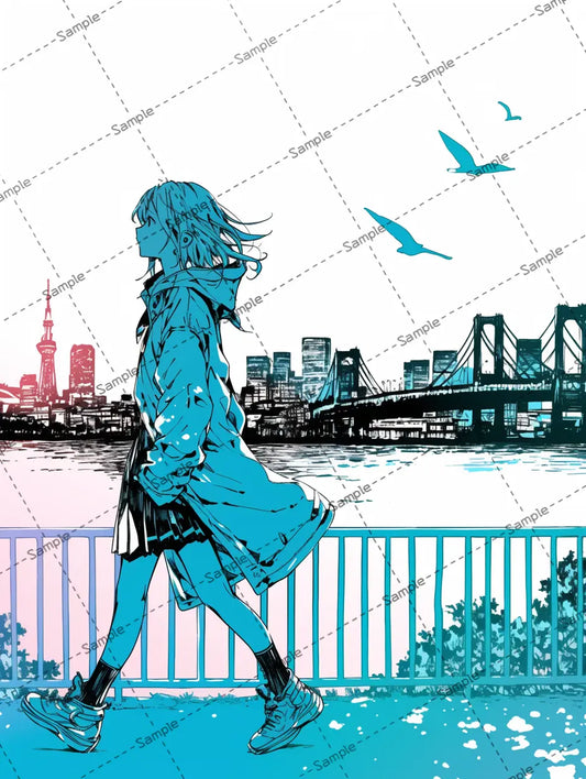 都会の川沿いを歩く女の子のオシャレなイラスト AI イラスト
