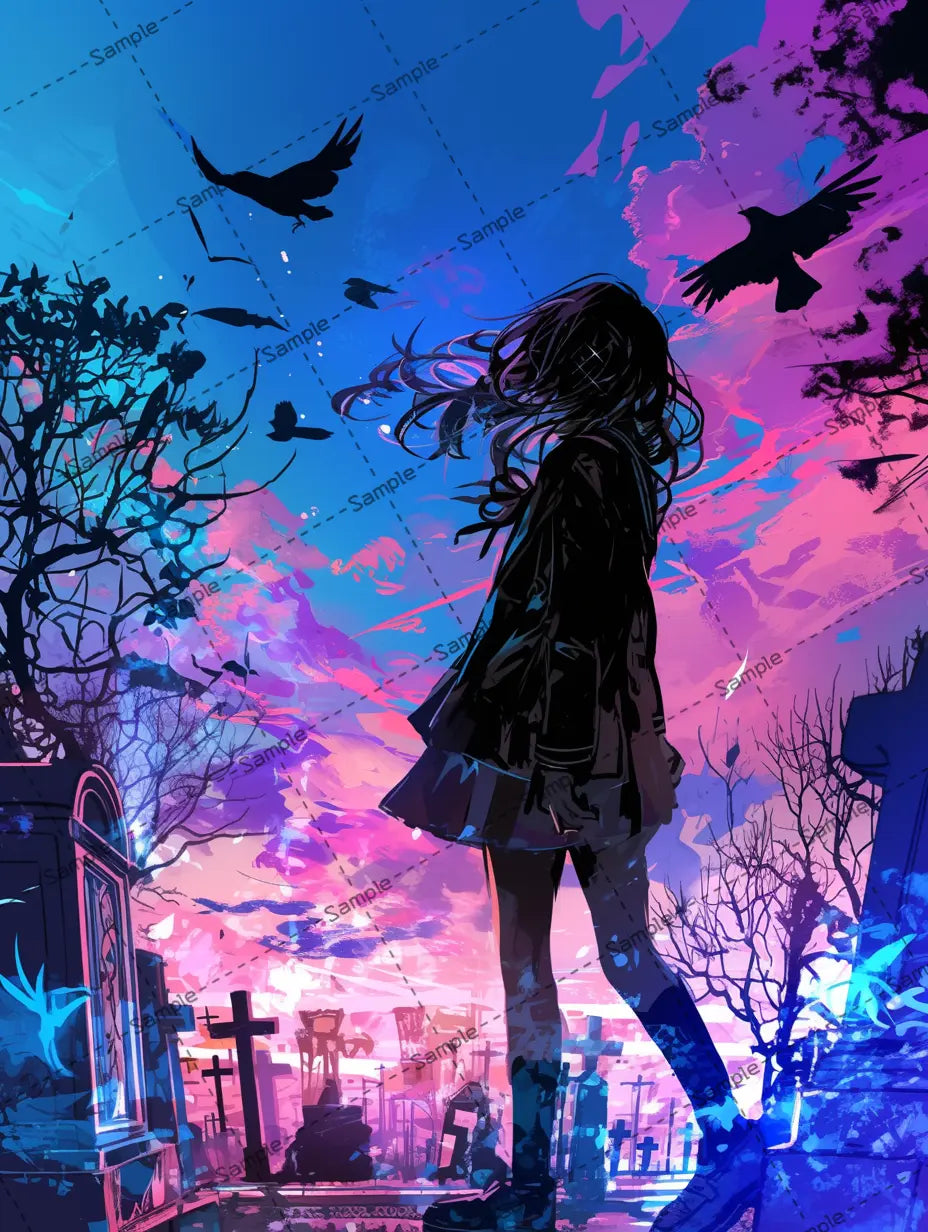 墓地に立ってきれいな夜空を眺める女の子のイラスト-アイコン AI イラスト