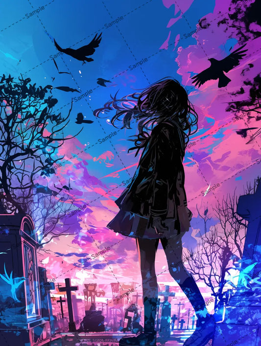 墓地に立ってきれいな夜空を眺める女の子のイラスト-アイコン AI イラスト