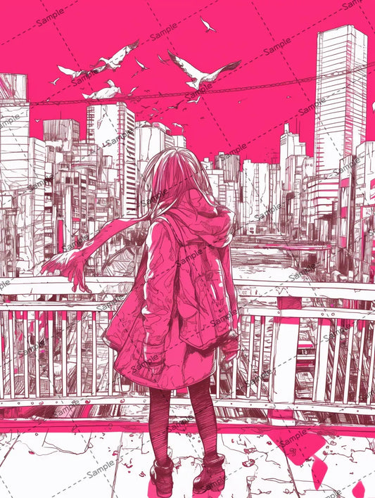 歩道橋の上にいる女の子のイラスト-アイコン/ピンクの世界 AI イラスト