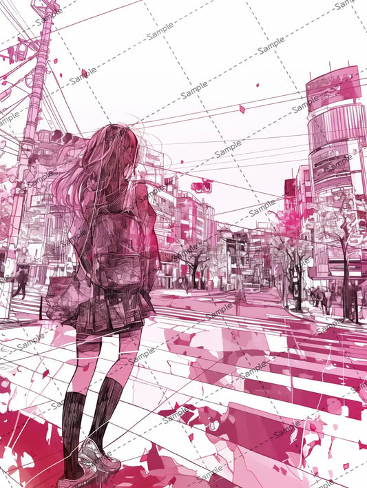 横断歩道を渡る女の子のイラスト-アイコン/ピンクの世界 AI イラスト