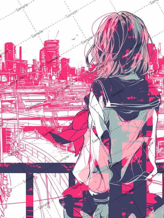 橋の上から街並みを眺める女の子のイラスト-アイコン/ピンクの世界 AI イラスト