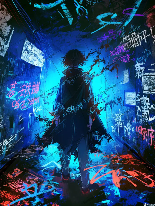 落書きに囲まれた男の後ろ姿のイラスト AI イラスト