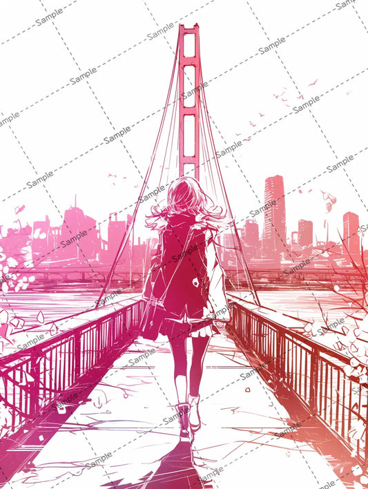 橋の上を歩いている女の子のイラスト-アイコン/ピンクの世界 AI イラスト