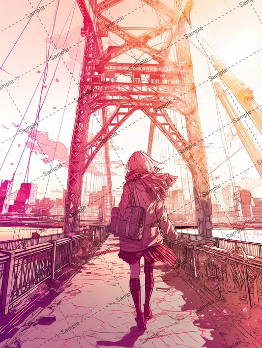 橋の上を歩いている女の子のイラスト-アイコン/ピンクの世界 AI イラスト