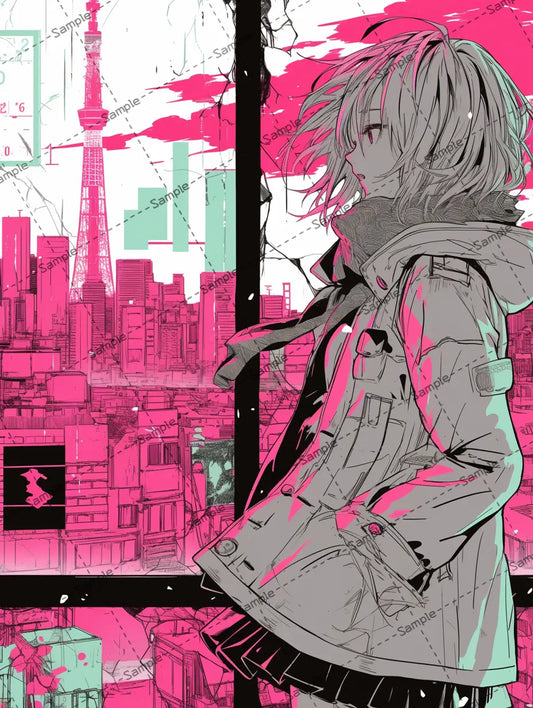 都会の街並みを眺める女の子のイラスト-アイコン/ピンクの世界 AI イラスト