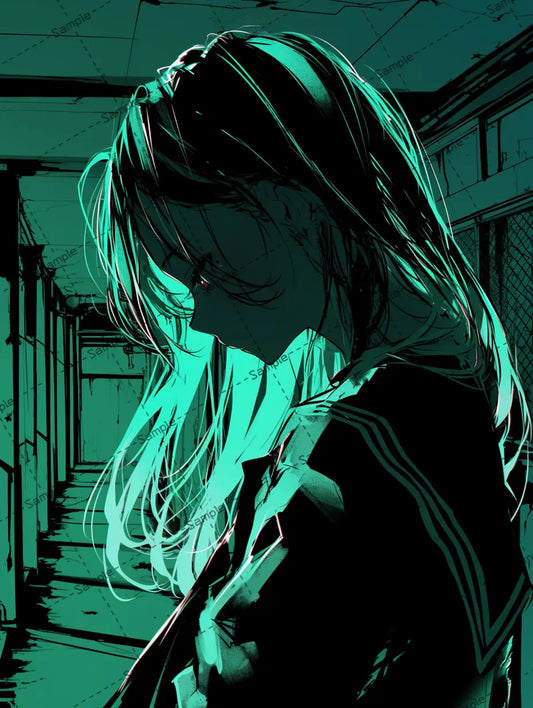 廊下の途中でうつむく女子高校生のイラスト-アイコン AI イラスト