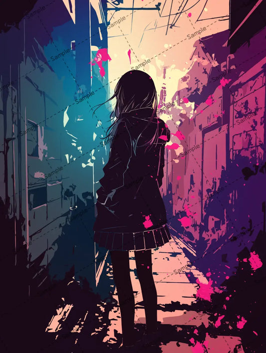 路地裏にいる女の子の後ろ姿のイラスト AI イラスト