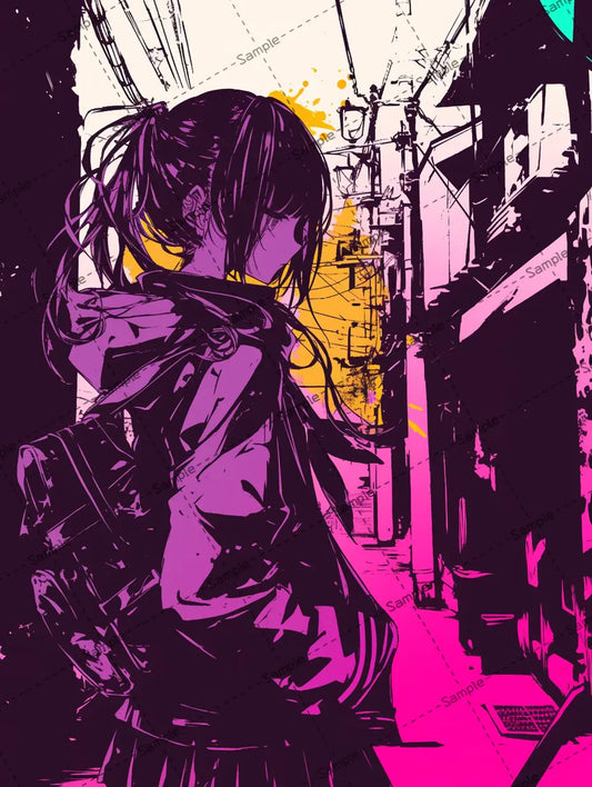 奇妙な街並みを歩く女の子のイラスト AI イラスト