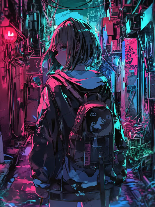 ネオンカラー色の路地裏を歩く女の子のイラスト AI イラスト