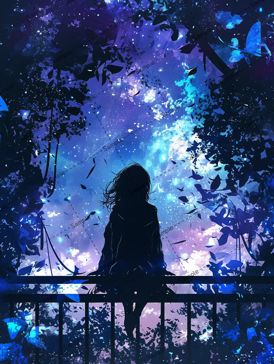 バルコニーに座って夜空を眺める女の子のアイコン AI イラスト
