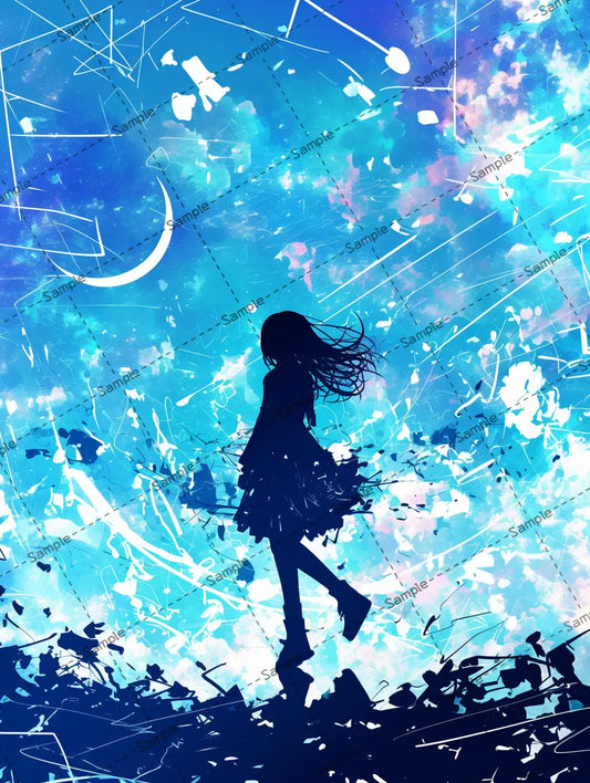 青い空の中を歩く女の子のシルエットのイラスト AI イラスト