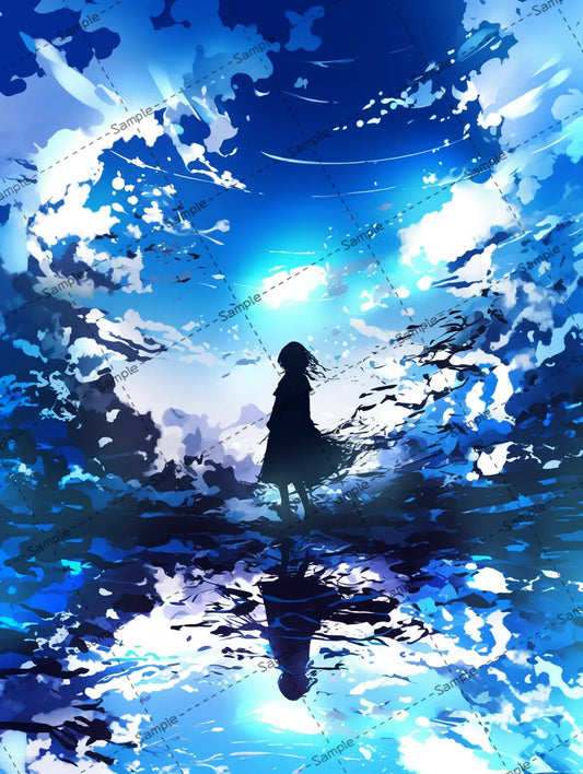 水の上で空を眺める女の子のイラスト AI イラスト