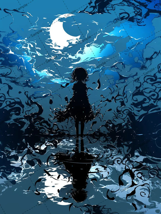 水の上で月を眺める女の子のアイコン AI イラスト