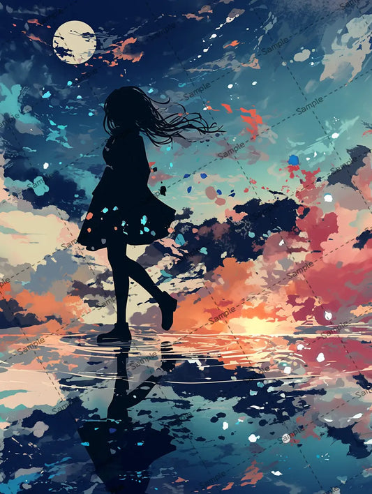 水の上を歩いている女の子のシルエットのイラスト AI イラスト