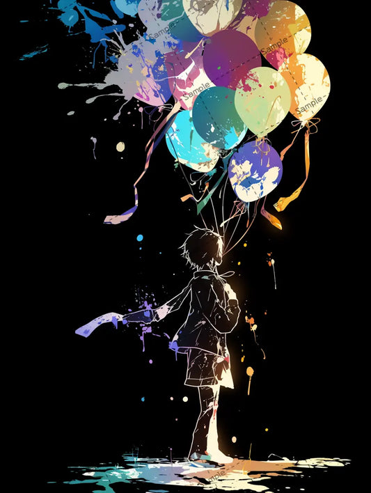 虹色の風船を持つ男の子のシルエットのイラスト-アイコン AI イラスト