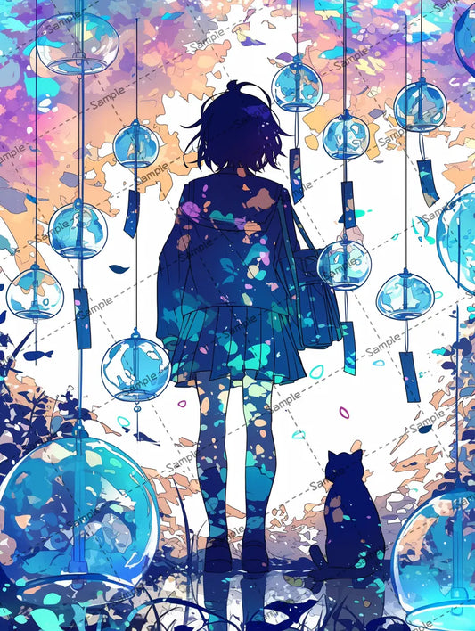 風鈴に囲まれた女の子と猫のイラスト AI イラスト