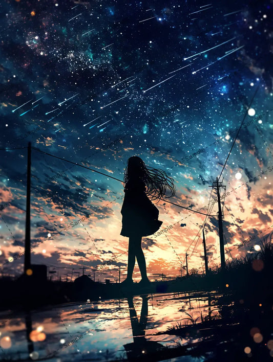 流れ星を眺める女の子のシルエットのイラスト-アイコン AI イラスト