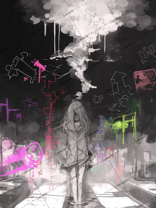 奇妙な浮遊記号や図形に囲まれた少女のイラスト-アイコン AI イラスト