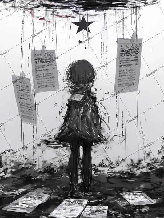 チラシに囲まれた少女のイラスト-アイコン AI イラスト