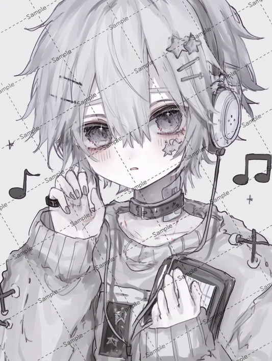 音楽を聴いている小さな可愛い男の子のイラスト-アイコン AI イラスト