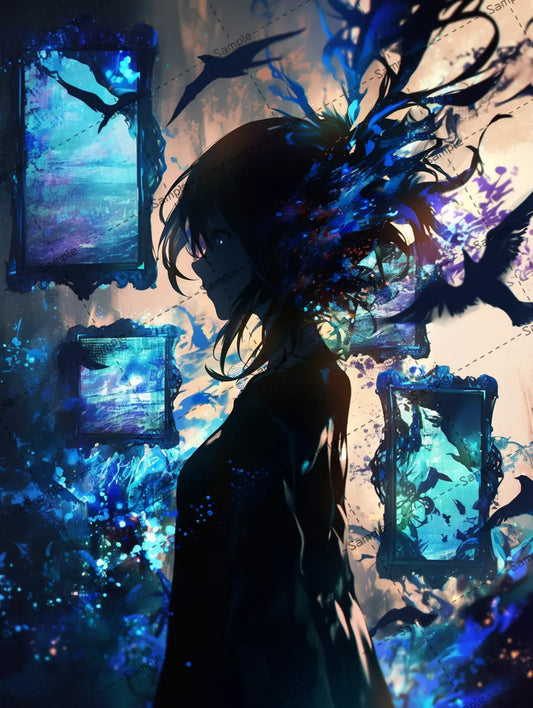 絵画から飛び出る水しぶきと鳥を眺める少女のイラスト-アイコン AI イラスト