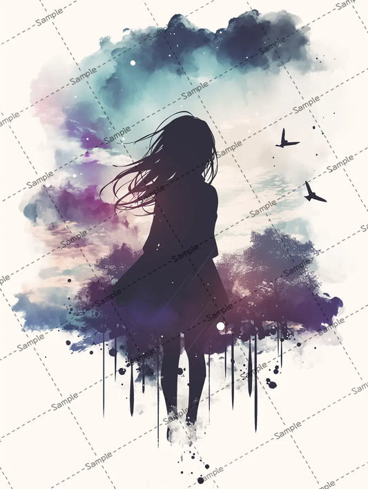 自然の中にいる女の子のシルエットのイラスト AI イラスト