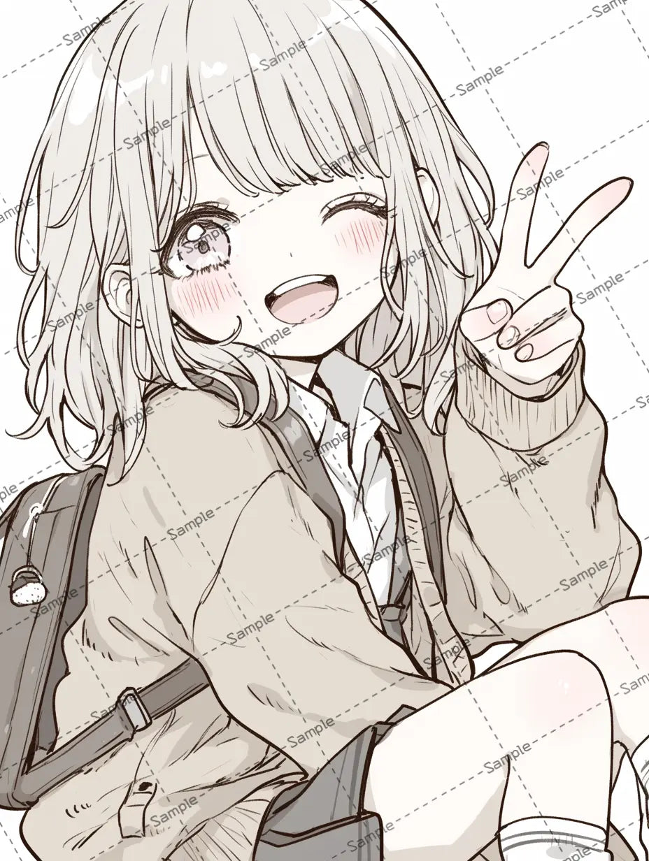 ピースサインするゆるふわ女子高校生のイラスト-アイコン AI イラスト