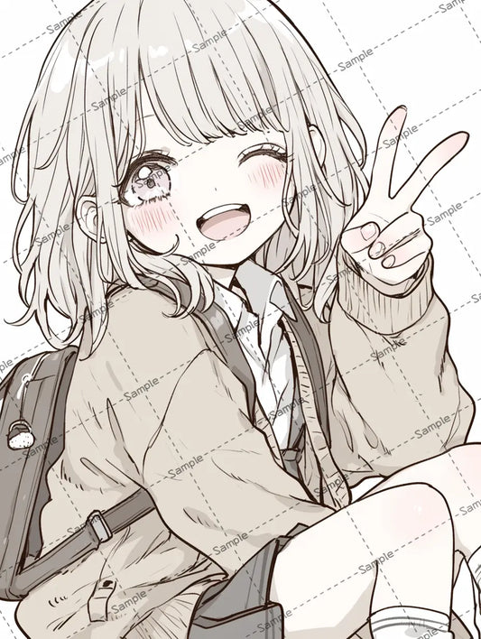 ピースサインするゆるふわ女子高校生のイラスト-アイコン AI イラスト