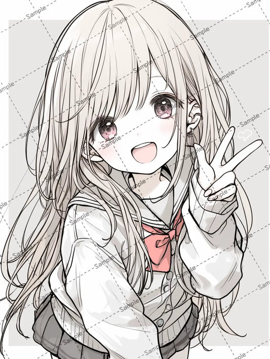 ピースサインするゆるふわ女子高校生のイラスト-アイコン AI イラスト