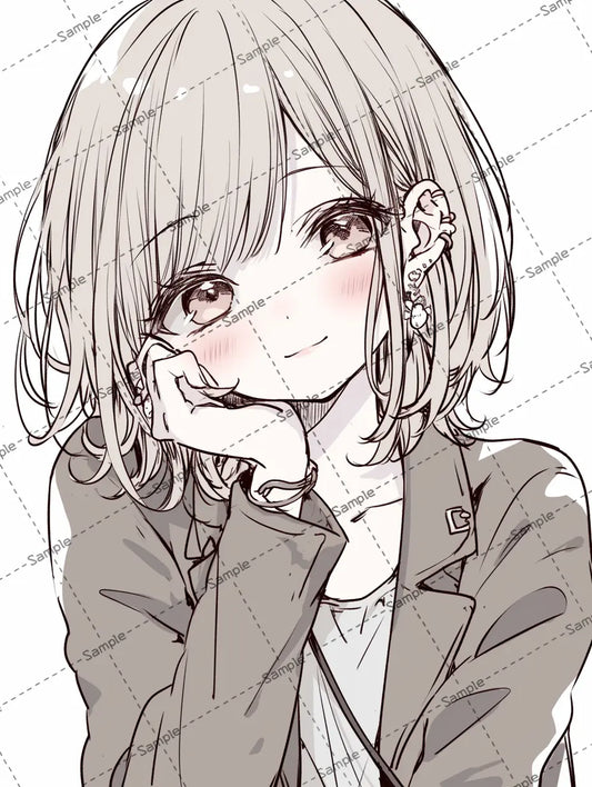 片手にあごを乗せて微笑む女の子のイラスト-アイコン AI イラスト
